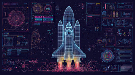 This captivating illustration features a futuristic rocket in a wireframe design, surrounded by vibrant digital displays and data visualizations, perfect for sci-fi themes.の素材