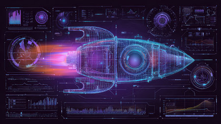 This vibrant illustration showcases a futuristic rocket design, complete with sleek lines and data visualizations. Perfect for tech enthusiasts and educational content.の素材