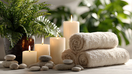 A serene spa setting featuring soft towels, flickering candles, and natural stones surrounded by lush greenery, perfect for creating a tranquil ambiance for relaxation.の素材