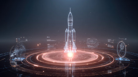 This image showcases a futuristic rocket model depicted through a holographic projection, emphasizing advanced technology and innovation in aerospace design.の素材