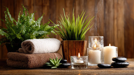 A tranquil spa arrangement featuring plush towels, flickering candles, and vibrant greenery creating a serene atmosphere for relaxation and wellness.の素材