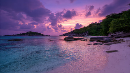 Experience the tranquility of a tropical beachfront at sunset, showcasing vibrant hues in the sky, calm waters, and pristine sandy shores, perfect for relaxation.の素材