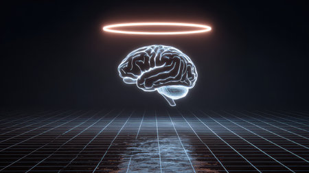 This captivating illustration features a glowing brain surrounded by a halo, set against a futuristic grid background, perfect for digital art and creative themes.の素材