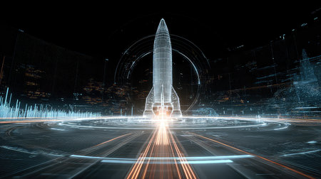 A stunning visualization of a futuristic rocket poised for launch, surrounded by a high-tech digital interface that displays intricate data and graphics.の素材