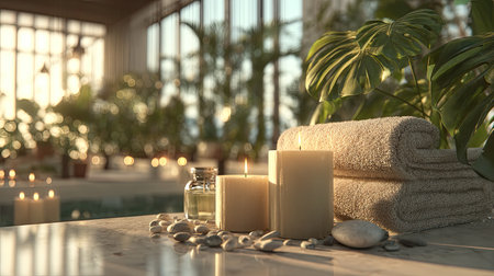 A serene spa environment featuring fragrant candles, plush towels, and calming oils on a stone surface, evoking tranquility and wellness amidst natural surroundings.の素材