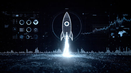 A sleek digital rocket launches into a futuristic environment filled with high-tech data visualization elements, showcasing innovation and ambition in technology.の素材