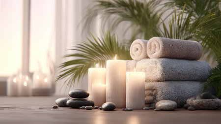 A serene spa setup featuring neatly arranged towels, glowing candles, smooth stones, and lush greenery, inviting relaxation and tranquility.の素材