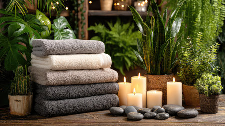 A serene spa-like setting featuring neatly stacked towels, soft-lit candles, and lush greenery, ideal for conveying relaxation, wellness, and tranquility.の素材