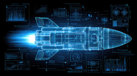 This digital illustration showcases a futuristic rocket with a detailed blueprint against a backdrop of technical graphs and diagrams, highlighting innovation and aerospace technology.の素材