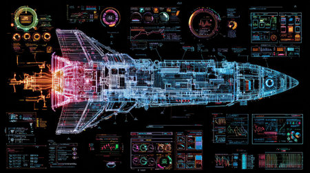 This image features a futuristic spaceship blueprint, showcasing intricate technical elements and data visualization, perfect for science and technology projects.の素材
