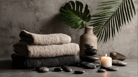 A serene spa-inspired arrangement featuring stacked towels, smooth stones, a lit candle, and a lush leaf, creating a peaceful and inviting atmosphere.の素材