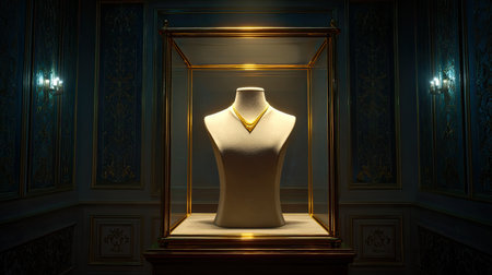 This image showcases an exquisite gold necklace elegantly displayed in a luxurious glass showcase. Soft lighting highlights the intricate design, creating a sophisticated ambiance that enhances the beauty of the jewelry piece.の素材