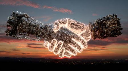 A stunning visualization of a robotic handshake at sunset, representing the fusion of technology and human collaboration in a rapidly evolving digital landscape.の素材
