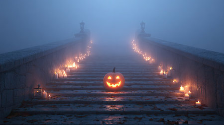 A captivating Halloween scene features a carved pumpkin sitting on foggy stairs, illuminated by soft candlelight, creating an eerie and enchanting atmosphere.の素材
