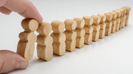 A hand gently adjusts wooden figurines in a neat line, illustrating concepts of teamwork, collaboration, and group dynamics in a business environment.の素材