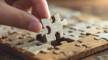 A hand carefully places a missing wooden puzzle piece into its spot on a table, embodying the joy of problem-solving and the satisfaction of completion.の素材