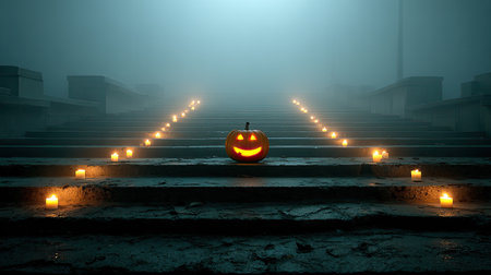 A haunting Halloween scene featuring a bright jack-o'-lantern on a staircase surrounded by flickering candles, enveloped in thick fog.の素材