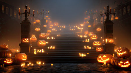 This captivating Halloween scene features illuminated jack-o'-lanterns on grand stairs, surrounded by candles and enveloped in mist, creating a spooky ambiance.の素材