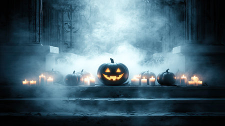 This atmospheric Halloween scene features glowing Jack-o'-lanterns surrounded by eerie fog and flickering candles, setting the perfect spooky mood for the season.の素材
