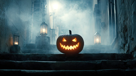 A hauntingly beautiful scene featuring a carved Halloween pumpkin with a glowing face, set against a misty urban alley illuminated by lanterns.の素材