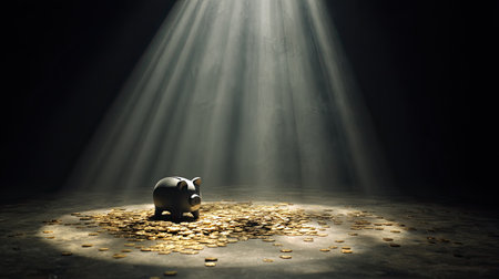 A striking image of a piggy bank placed in a dark space, surrounded by glowing coins. Rays of light shine down, symbolizing hope and financial growth.の素材