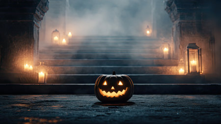 A haunting Halloween scene featuring a carved Jack-o'-Lantern on stone steps illuminated by flickering lanterns, surrounded by a mystical fog. Perfect for festive celebrations.の素材