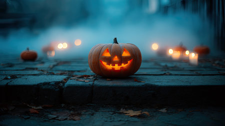 A haunting Halloween scene featuring a smiling jack-o'-lantern glowing against a misty backdrop with soft lights, evoking the spirit of autumn festivities.の素材
