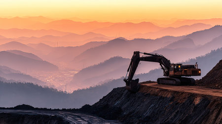 An excavator stands against a breathtaking sunset backdrop, showcasing vibrant hues over rolling mountains and valleys, capturing the essence of industrial serenity.の素材