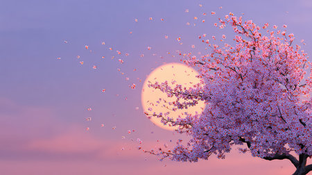A stunning cherry blossom tree stands gracefully under a soft sunset, with delicate petals gently drifting in the tranquil atmosphere. Ideal for spring-themed imagery.の素材