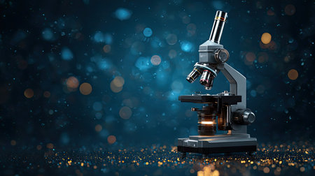 A modern microscope positioned on a sparkling surface, showcasing advanced technology and scientific inquiry with a captivating bokeh background.の素材