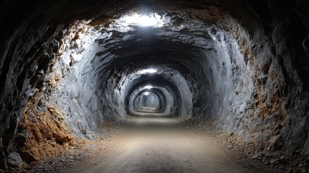 This captivating image showcases a dark and mysterious tunnel illuminated by lights, featuring rugged walls and a well-defined dirt path.の素材