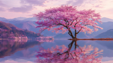 A stunning cherry blossom tree stands alone in serene waters, reflecting the vibrant pink and purple hues of a peaceful sunrise, surrounded by mountains.の素材