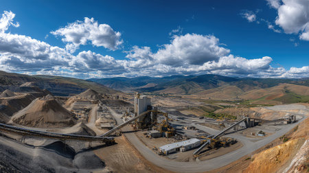 A breathtaking panoramic view of an industrial site featuring large machinery, transportation equipment, and majestic mountains under a bright blue sky.の素材