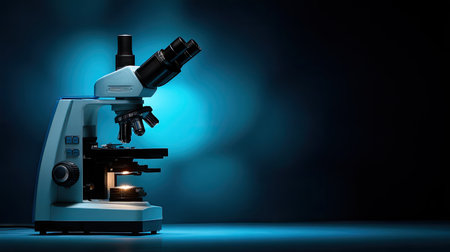 A high-quality laboratory microscope set against a dark backdrop, illuminated by a soft blue light, represents the essence of scientific exploration and research.の素材