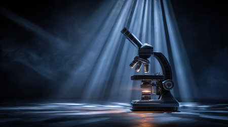 A striking microscope is highlighted in a dark space, where beams of light create a dramatic atmosphere, showcasing the intricate design and technology of scientific research.の素材