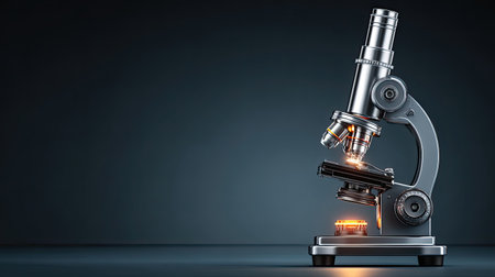 This image showcases an advanced microscope beautifully illuminated in a dark laboratory setting, ideal for scientific investigation and analysis.の素材