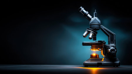 A modern microscope showcases advanced optics and a unique illumination system, perfect for scientific research and educational purposes in a darkened environment.の素材