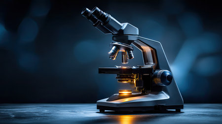 This striking image captures an advanced laboratory microscope, showcasing its intricate design and features against a dark, blurred background. The dramatic lighting emphasizes the deviceの素材