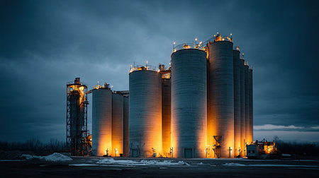 This captivating image features a row of illuminated industrial grain silos set against a dramatic dark sky, highlighting modern agricultural storage methods.の素材
