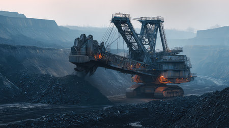 A large excavator works tirelessly in a coal mine, surrounded by dusty terrain and a smoky atmosphere. The machinery highlights the industrial power used in resource extraction.の素材