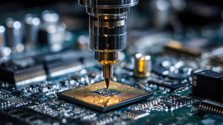 A detailed close-up image of a microprocessor during manufacturing, showcasing advanced precision tools and intricate circuit board components in a high-tech setting.の素材