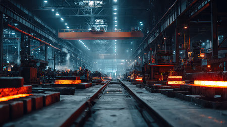 A captivating view of an industrial factory interior, showcasing glowing molten metal, heavy machinery, and dramatic lighting that highlights the manufacturing process.の素材