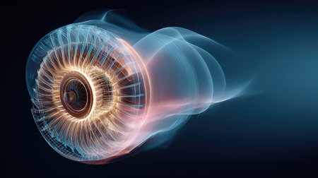 This captivating image depicts a futuristic turbine engine design with vibrant blue light effects, emphasizing innovation and motion in technology.の素材