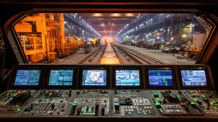 A high-tech control room showcases multiple display screens and control panels overseeing intricate manufacturing processes in a modern factory setting.の素材