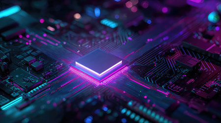 This image captures a detailed close-up of a futuristic circuit board illuminated with vibrant neon lights. It showcases intricate patterns and connections, symbolizing modern technology and innovation.の素材