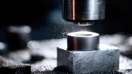 A close-up view of an industrial tool in action during a metalworking process, showcasing droplets and sparkling highlights in a workshop setting.の素材