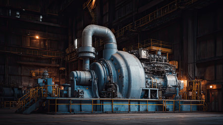 A captivating view of a large turbine generator situated in a factory setting, showcasing industrial machinery surrounded by dim lighting and organized space.の素材