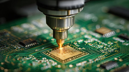 A close-up view of a sophisticated circuit board during the soldering process, highlighting precision technology in electronics manufacturing.の素材