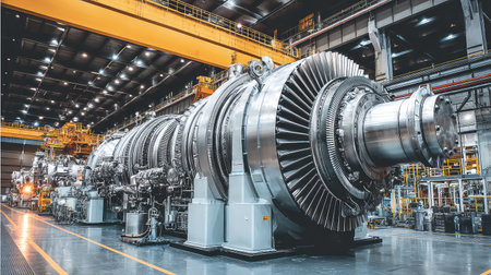 An impressive industrial gas turbine displayed in a modern factory, showcasing state-of-the-art engineering, precision design, and advanced manufacturing processes.の素材