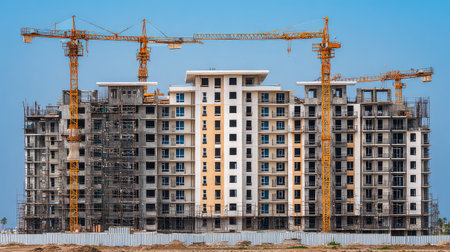 A vibrant construction site showcasing a modern apartment building with cranes and scaffolding under a clear blue sky, representing urban development.の素材